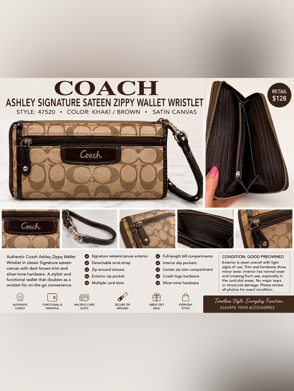 Coach Ashley Signature Sateen Zippy Wallet Wristlet Khaki Brown 47520